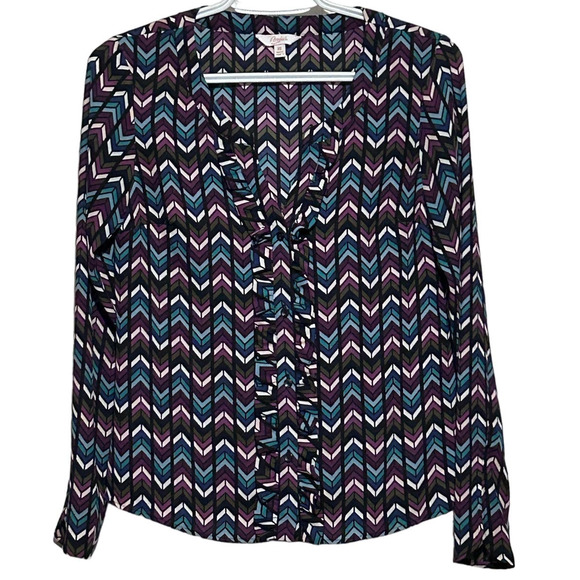 Candie’s Women's Chevron Purple Teal Ruffled‎ Button Front Long Sleeve Size XS - Picture 1 of 5